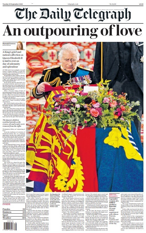 Daily Telegraph Jornais britânicos enterro rainha Elizabeth monarquia Reino Unido 