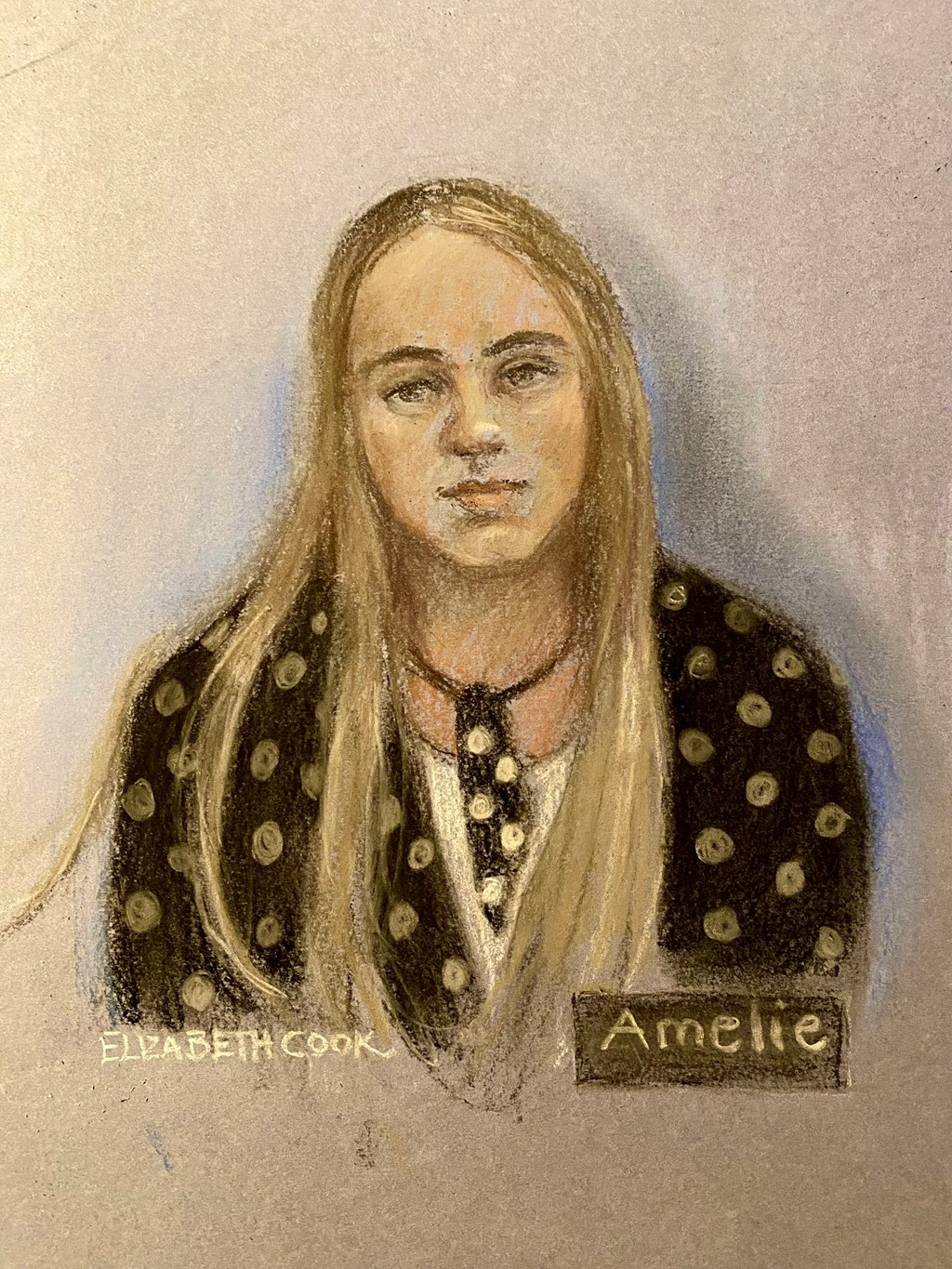 A court sketch of Amelie McCann giving evidence via videolink
