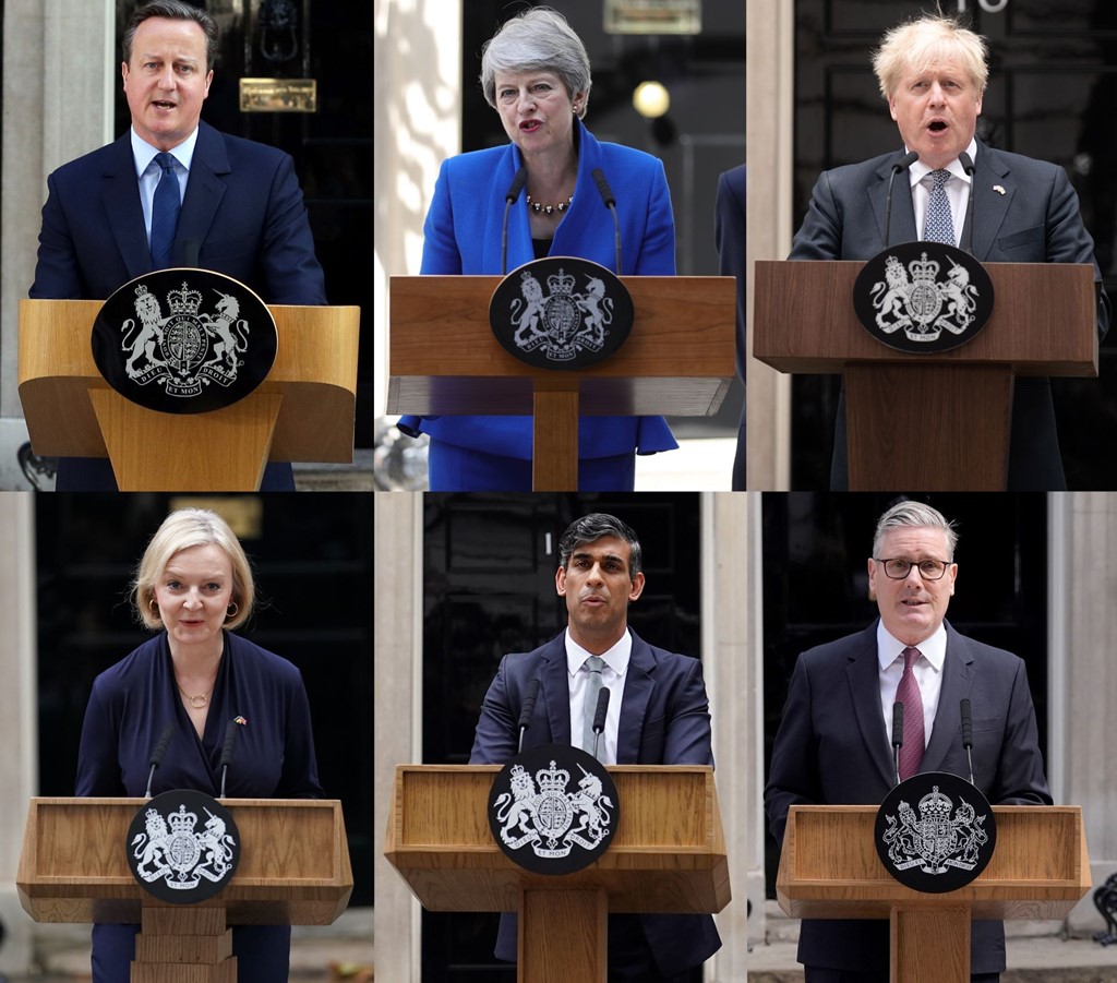 Each of the last six prime ministers announcing their resignations in Downing Street
