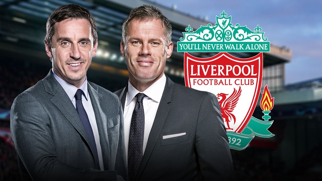 Gary Neville wears Liverpool shirt while Jamie Carragher dons a