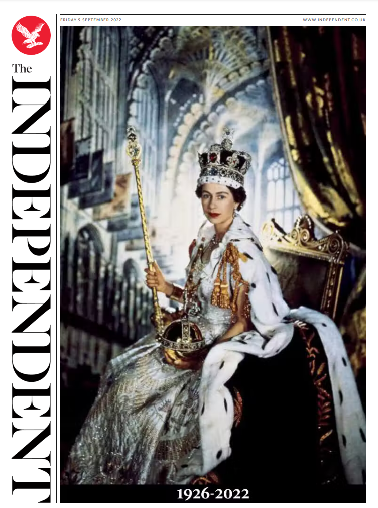 Cobertura imprensa britânica morte rainha Elizabeth II capas primeiras páginas jornal The Independent