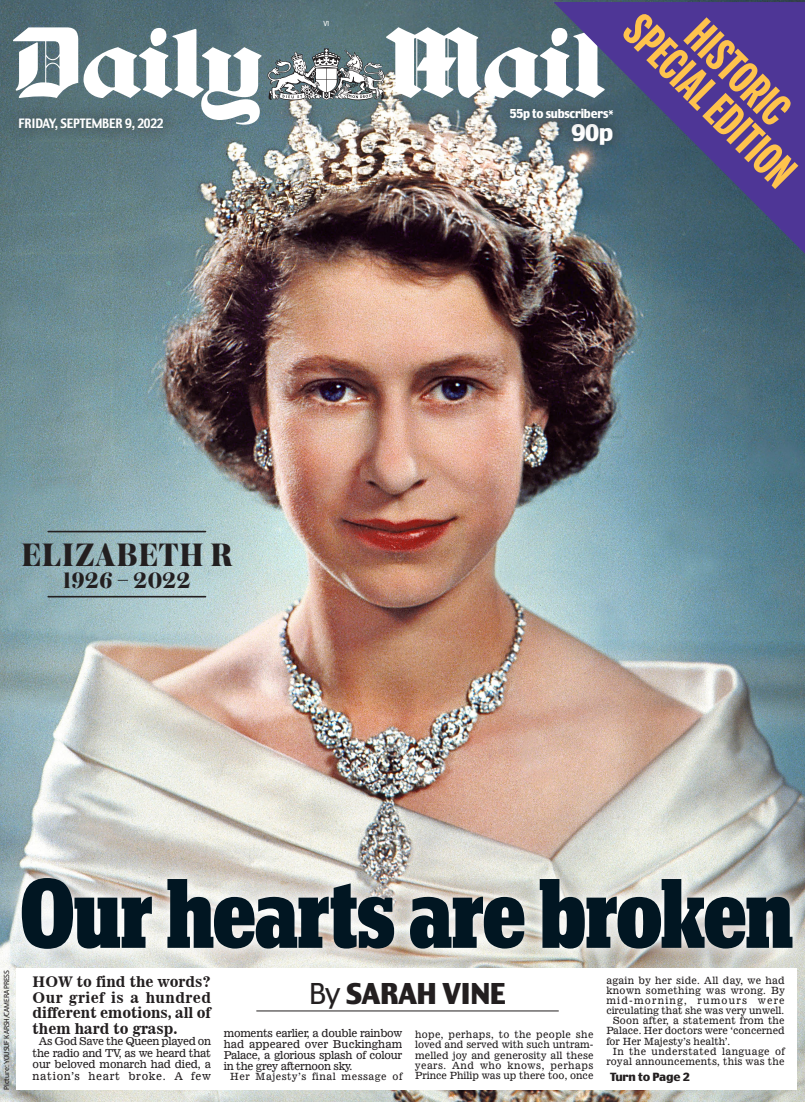 Cobertura imprensa britânica morte rainha Elizabeth II capas primeiras páginas jornal Daily Mail