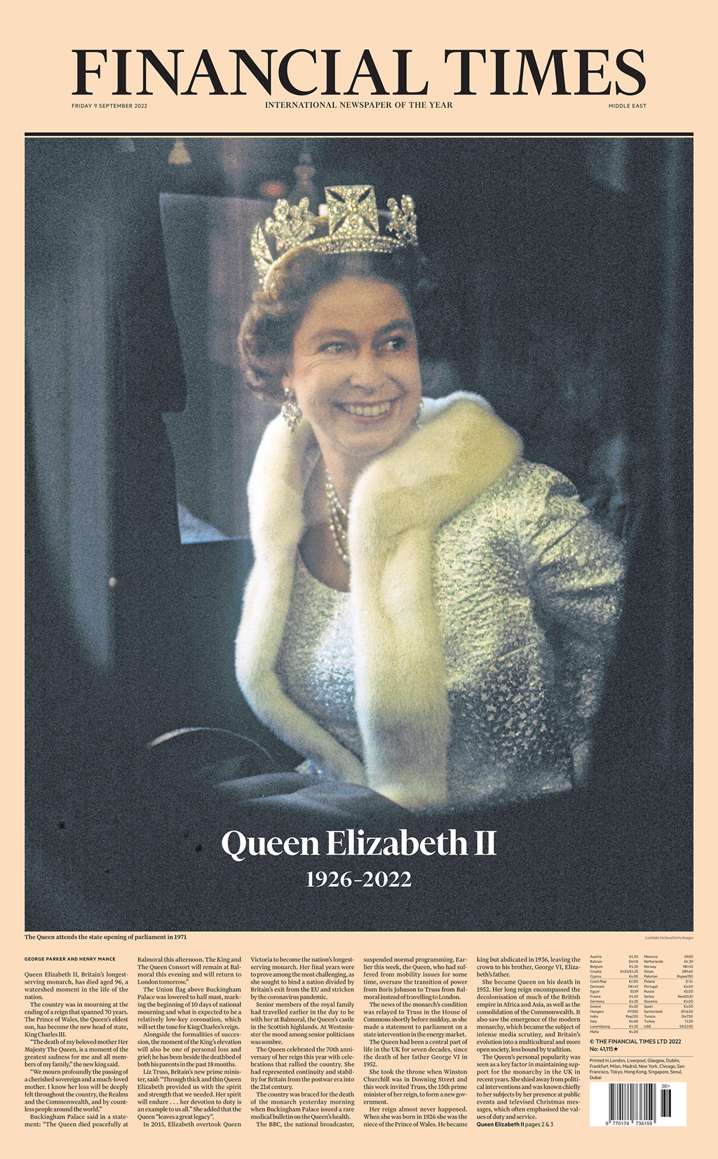 Cobertura imprensa britânica morte rainha Elizabeth II capas primeiras páginas jornal Financial Times 