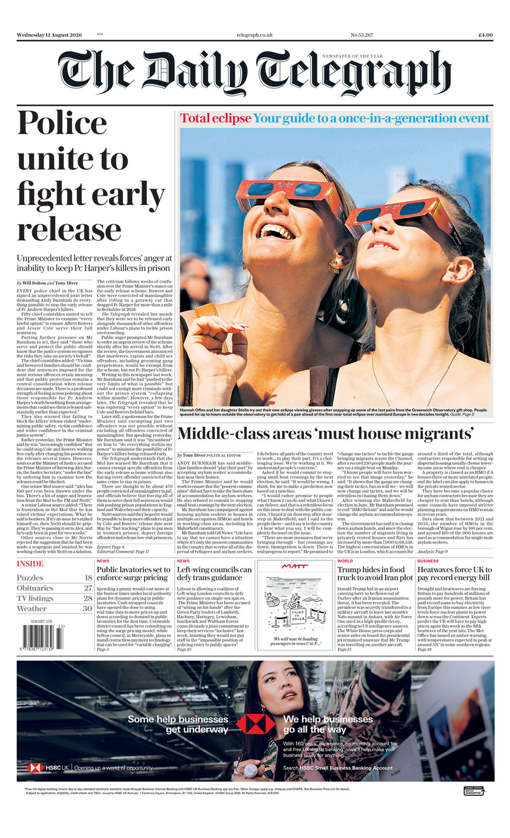 Daily Telegraph front page — 12-Aug-2026