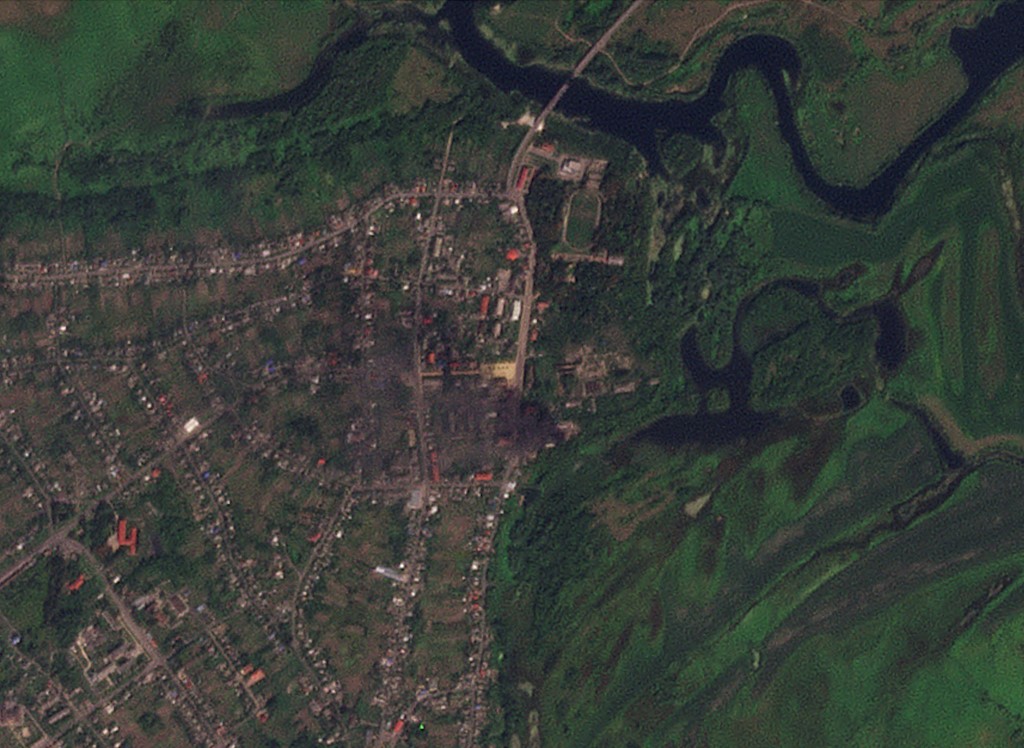 Smoke rises from buildings in Glushkovo, Kursk, that were said to have been struck by Ukrainian forces amid their ongoing incursion