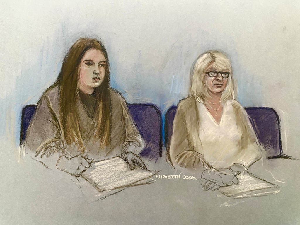 Court artist sketch of Julia Wandelt (left) and Karen Spragg at Leicester Crown Court