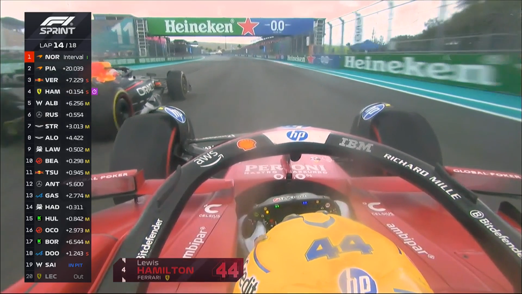 Watch: Lewis Hamilton passes Max Verstappen for P3 in Miami F1 Sprint race