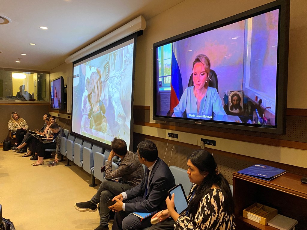 Maria Lvova-Belova, whom the ICC wants to arrest on war crimes charges, addresses an informal meeting of UN Security Council members via video in 2023