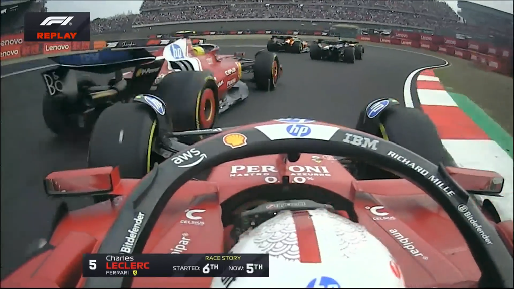 Charles Leclerc suffers damage in Lewis Hamilton collision at start