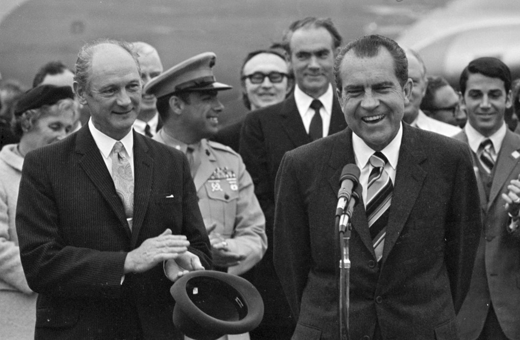 Irish premier Jack Lynch and Richard Nixon after his arrival at Shannon Airport, Co Clare 