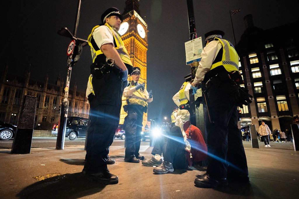 A pro Palestine supporter is detained by police officers following a protest in central London