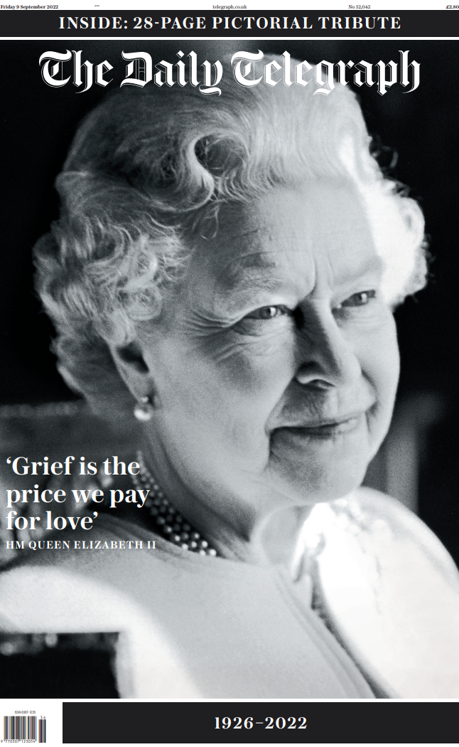 Cobertura imprensa britânica morte rainha Elizabeth II capas primeiras páginas jornal The Daily Telegraph