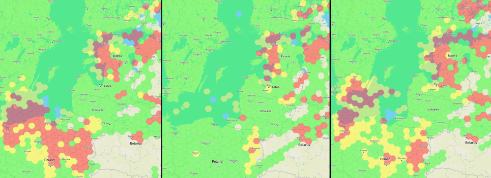 GPSJAM map showing instances of aircraft reporting low navigation accuracy from 25-27 March