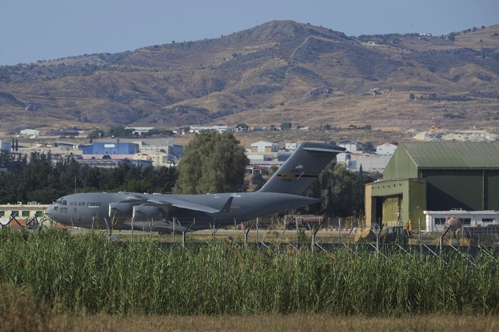 A US Air Force C-17 Globemaster transport aircraft at Andreas Papandreou Air Force Base in Paphos, Cyprus