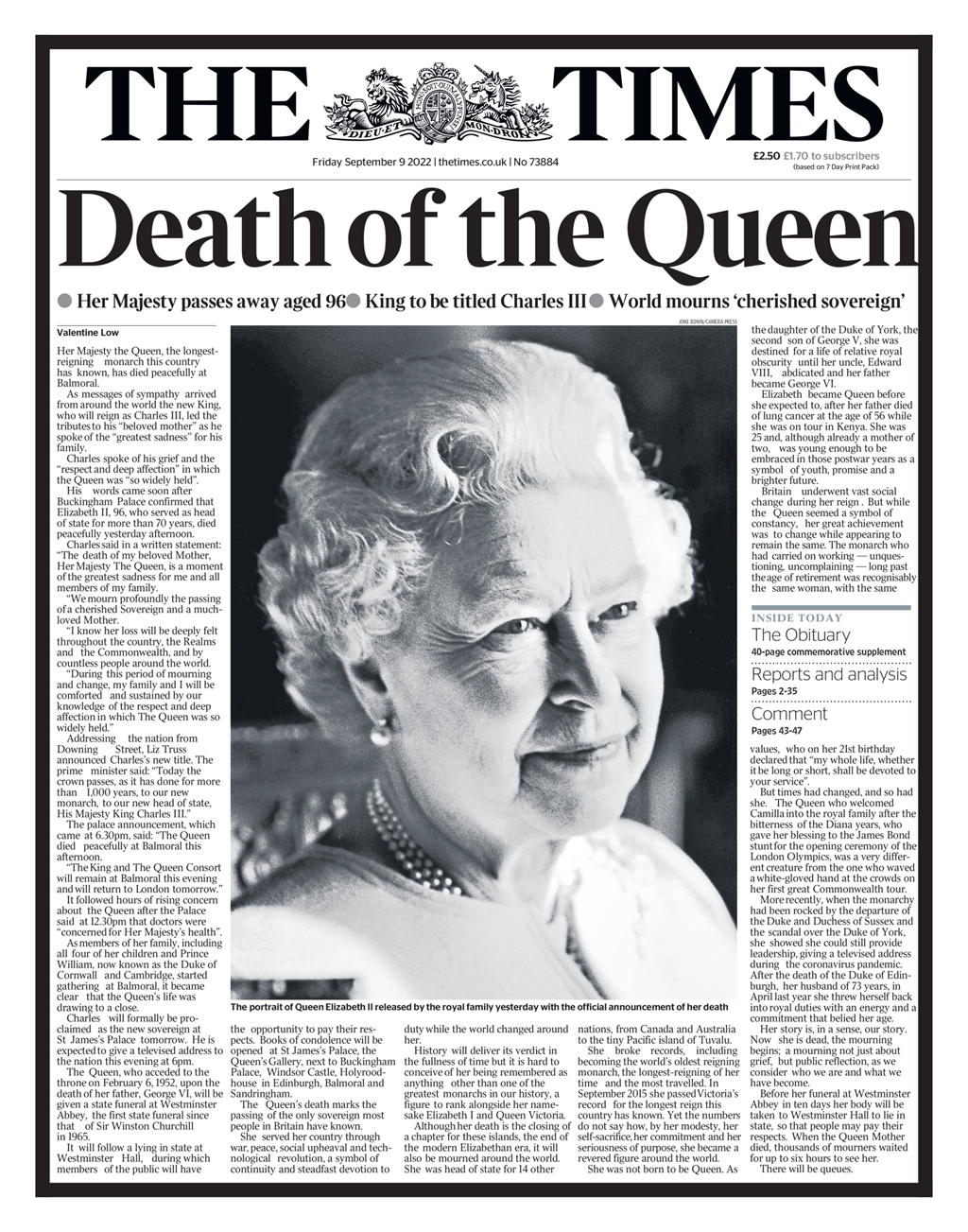 Cobertura imprensa britânica morte rainha Elizabeth II capas primeiras páginas jornal The Times