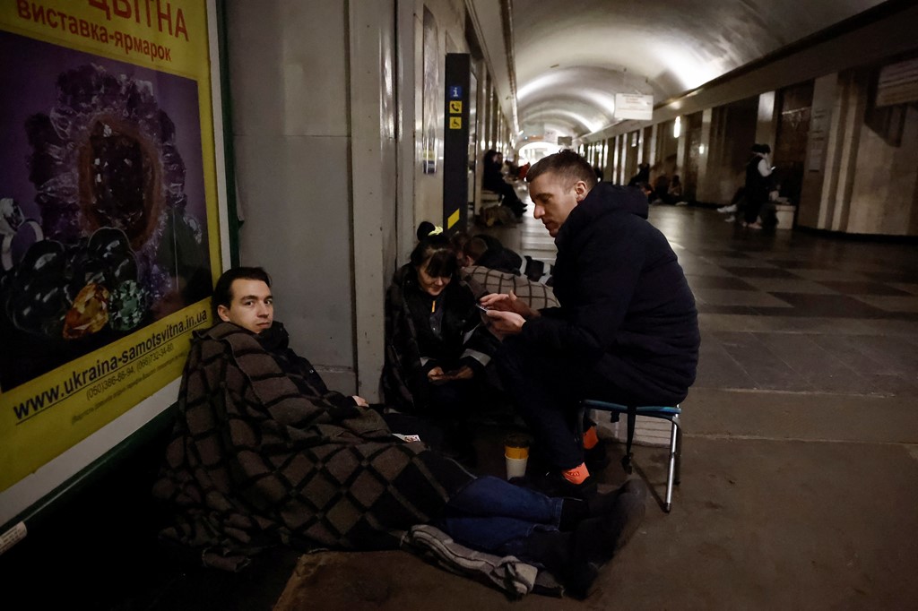 People sheltering in a metro station in Kyiv