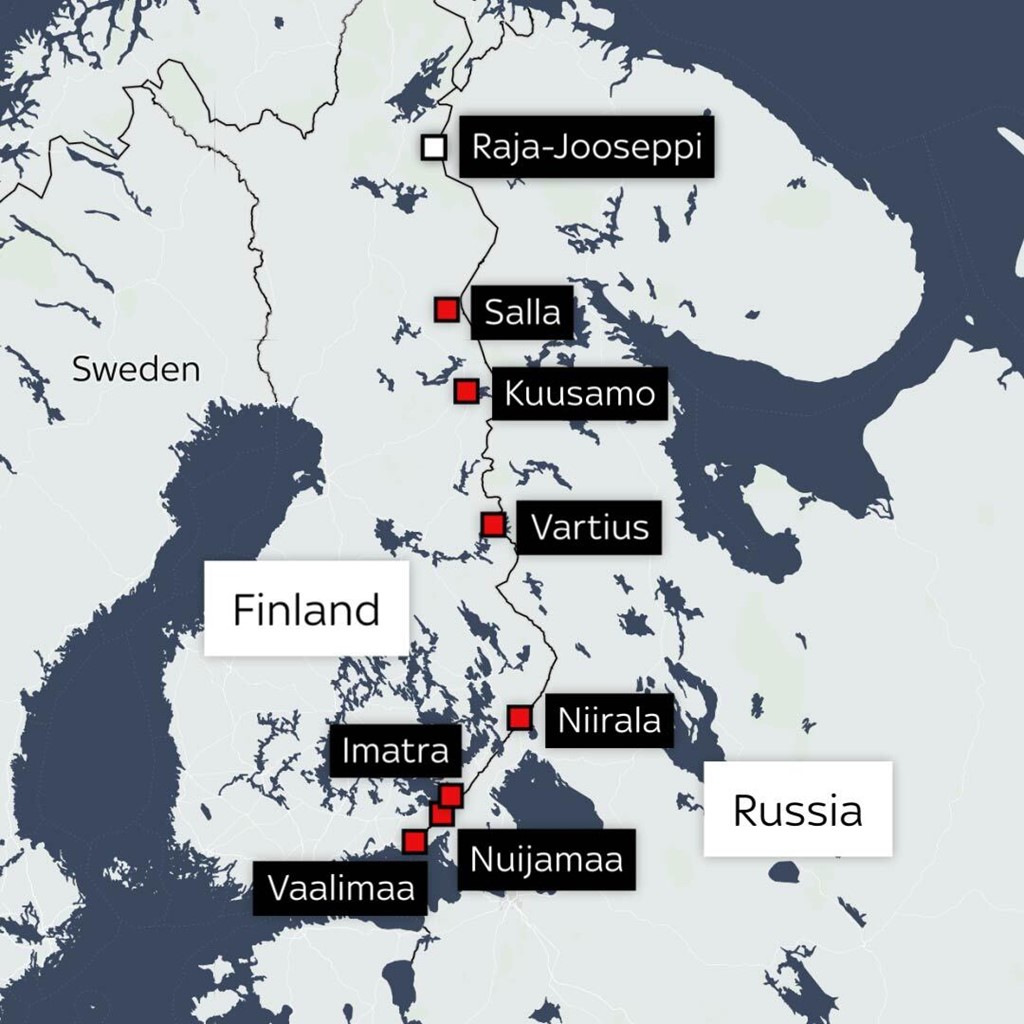 Map showing the Russian-Finnish border with crossings highlighted