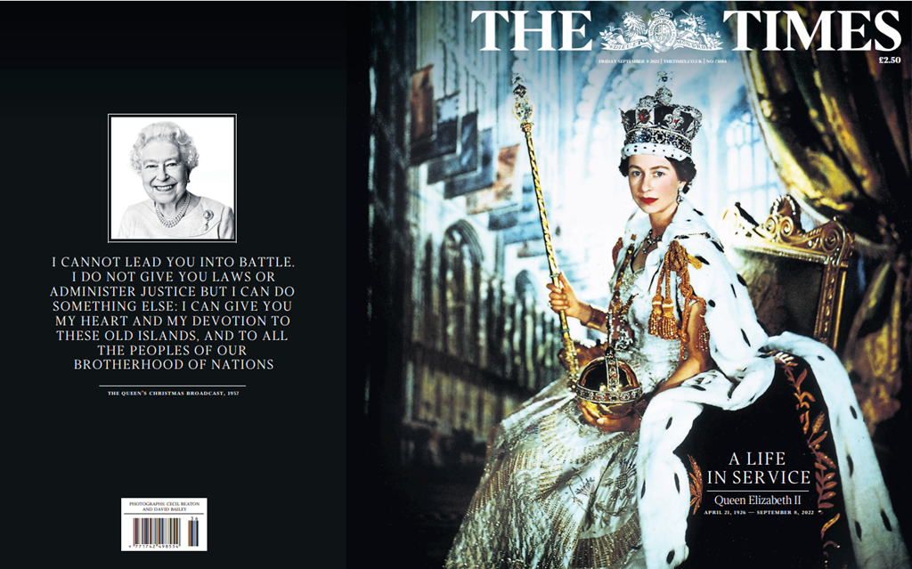 Cobertura imprensa britânica morte rainha Elizabeth II capa especial primeiras páginas jornal The Times