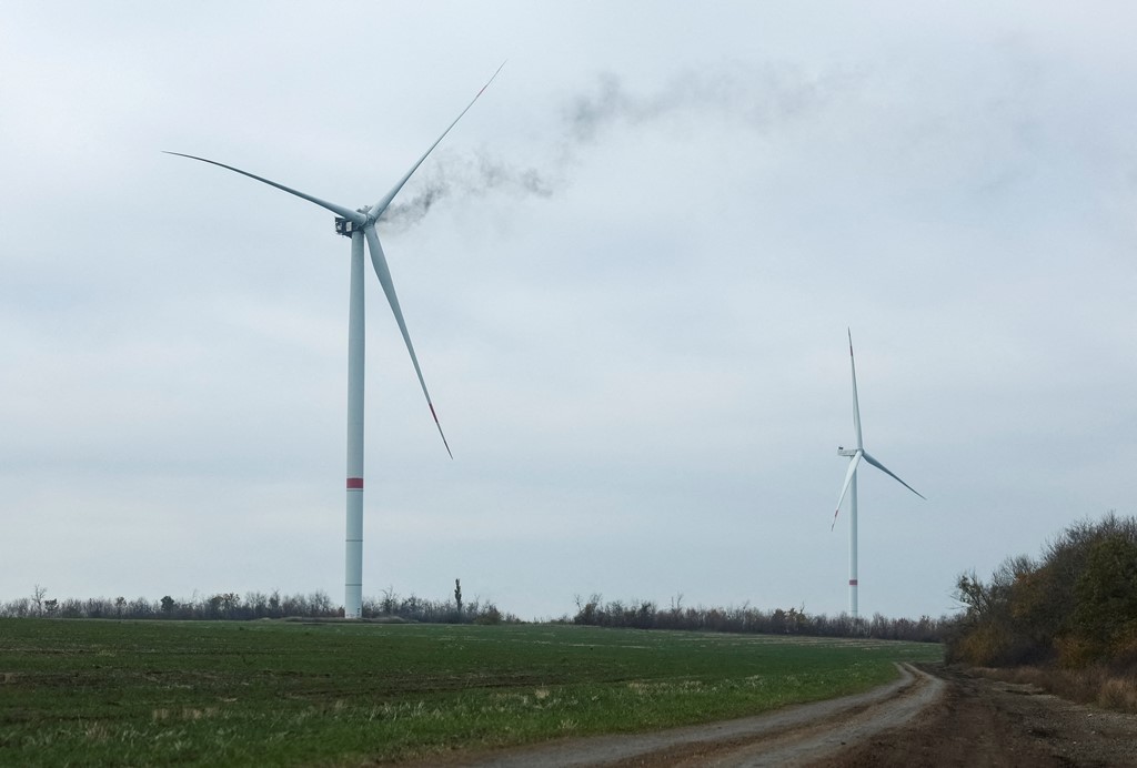 A wind turbine hit by a Russian drone