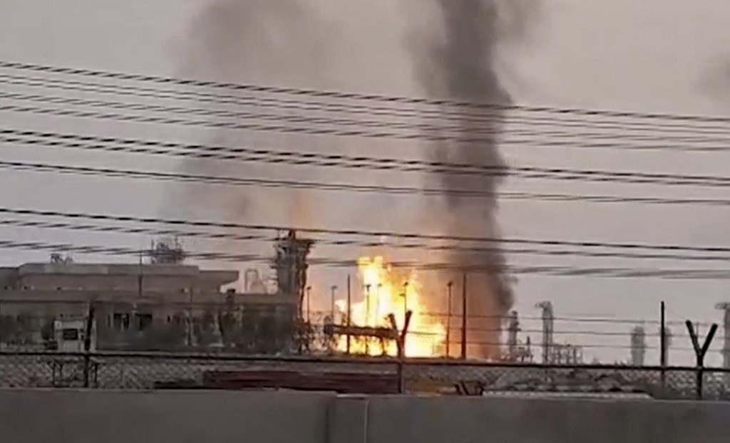 Frame grab shows a South Pars refinery after it was struck by a drone
